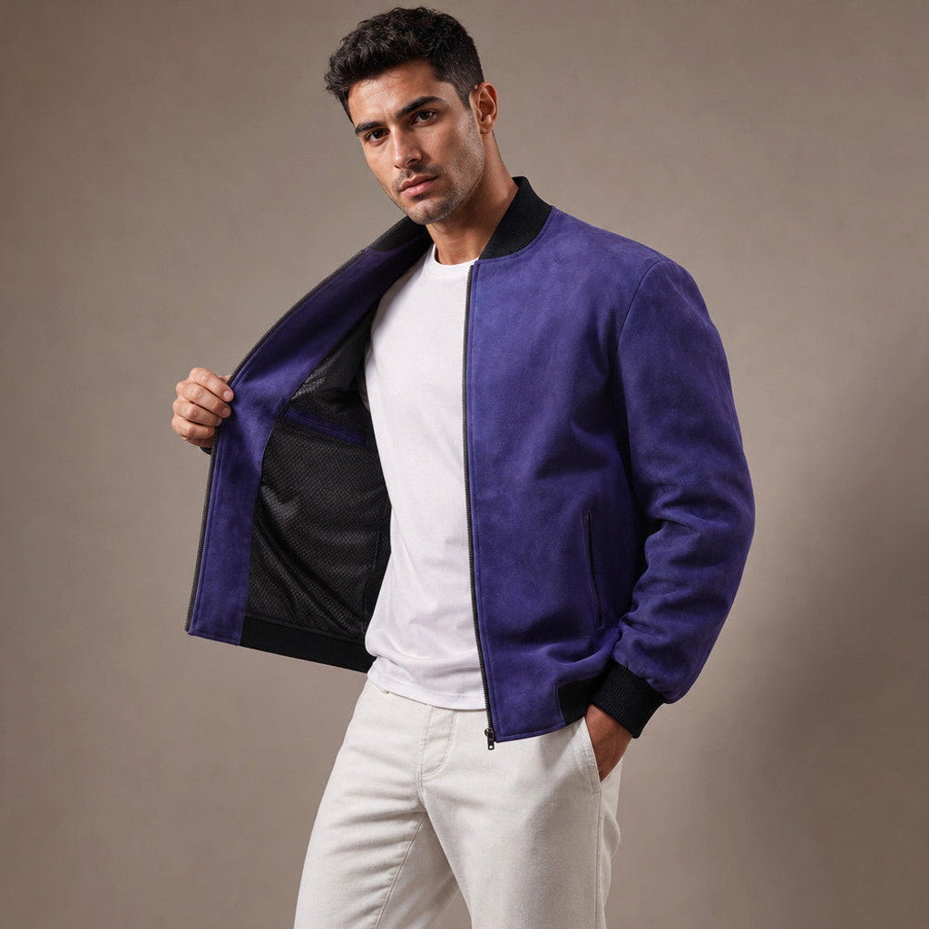 Canox | Suede Bomber Jacket Indigo – Side Angle View