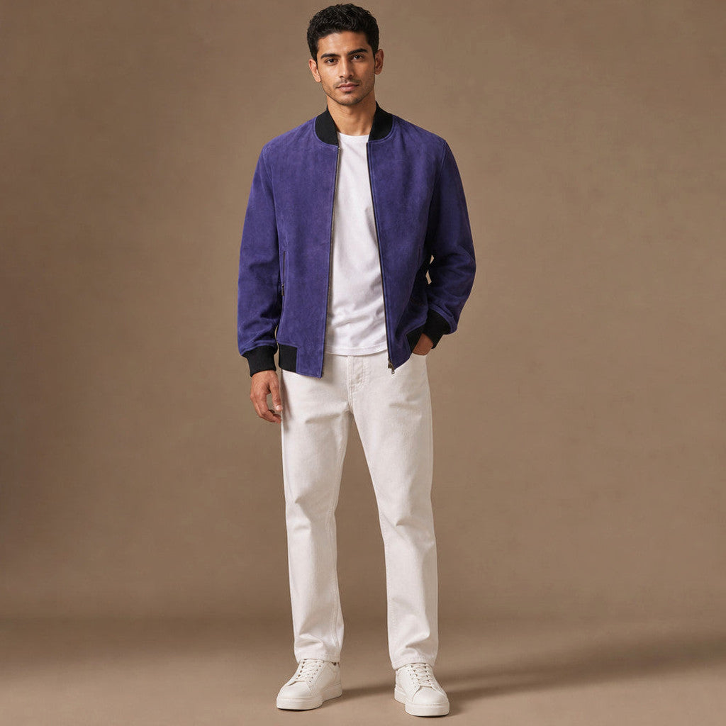 Canox | Suede Bomber Jacket Indigo – Full Look