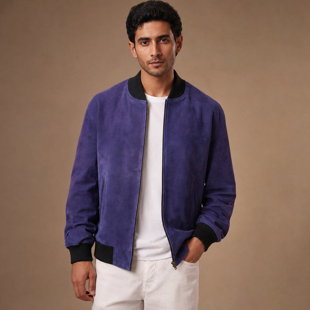Canox | Suede Bomber Jacket Indigo – Product Photo