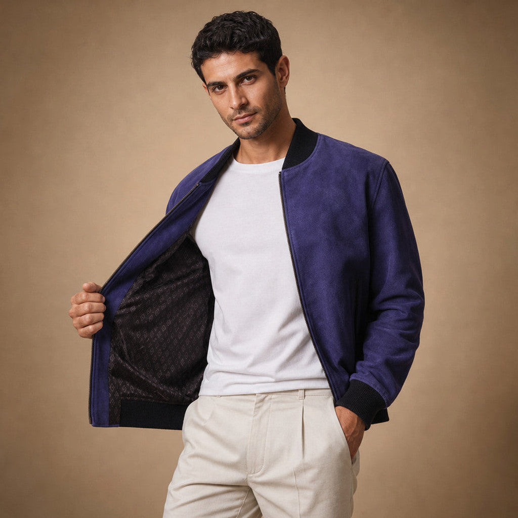 Canox | Suede Bomber Jacket Indigo – Premium Editorial