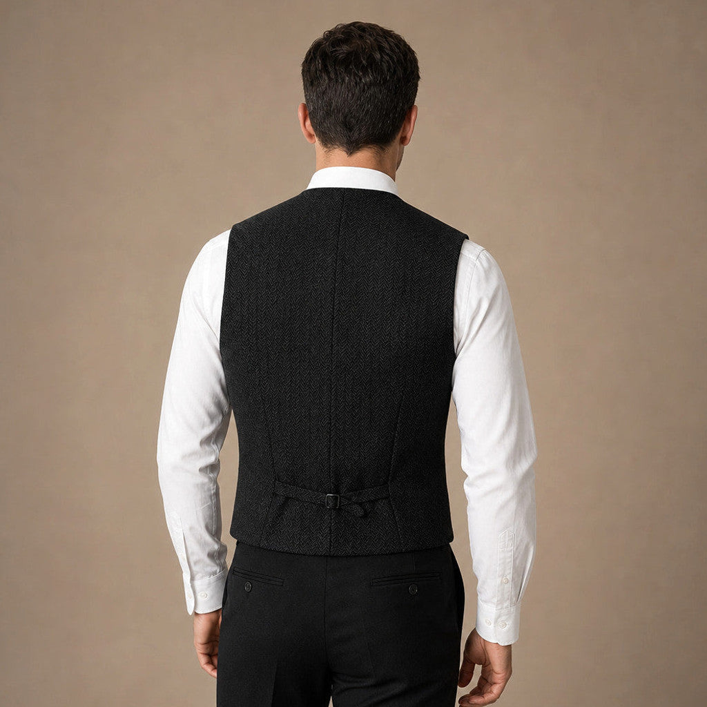 Canron | Herringbone Waistcoat Single Breasted Black – Side Angle View