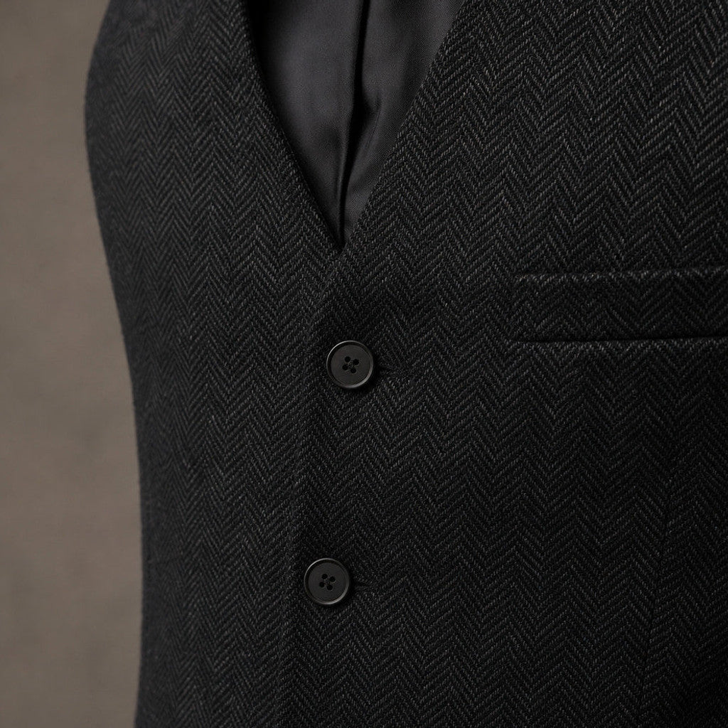 Canron | Herringbone Waistcoat Single Breasted Black – Fabric and Detail Close-Up