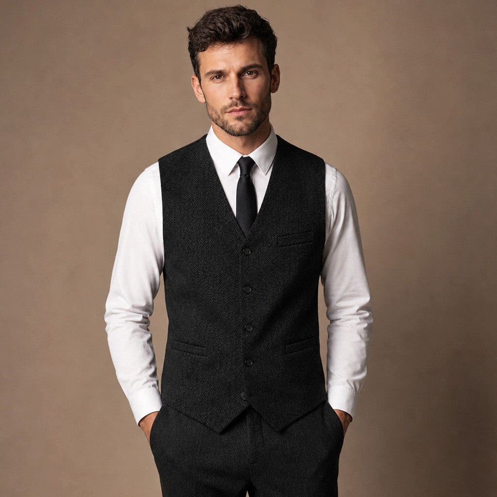 Canron | Herringbone Waistcoat Single Breasted Black – Full Look