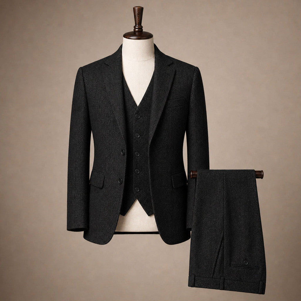 Canron | Herringbone Waistcoat Single Breasted Black – Product Photo