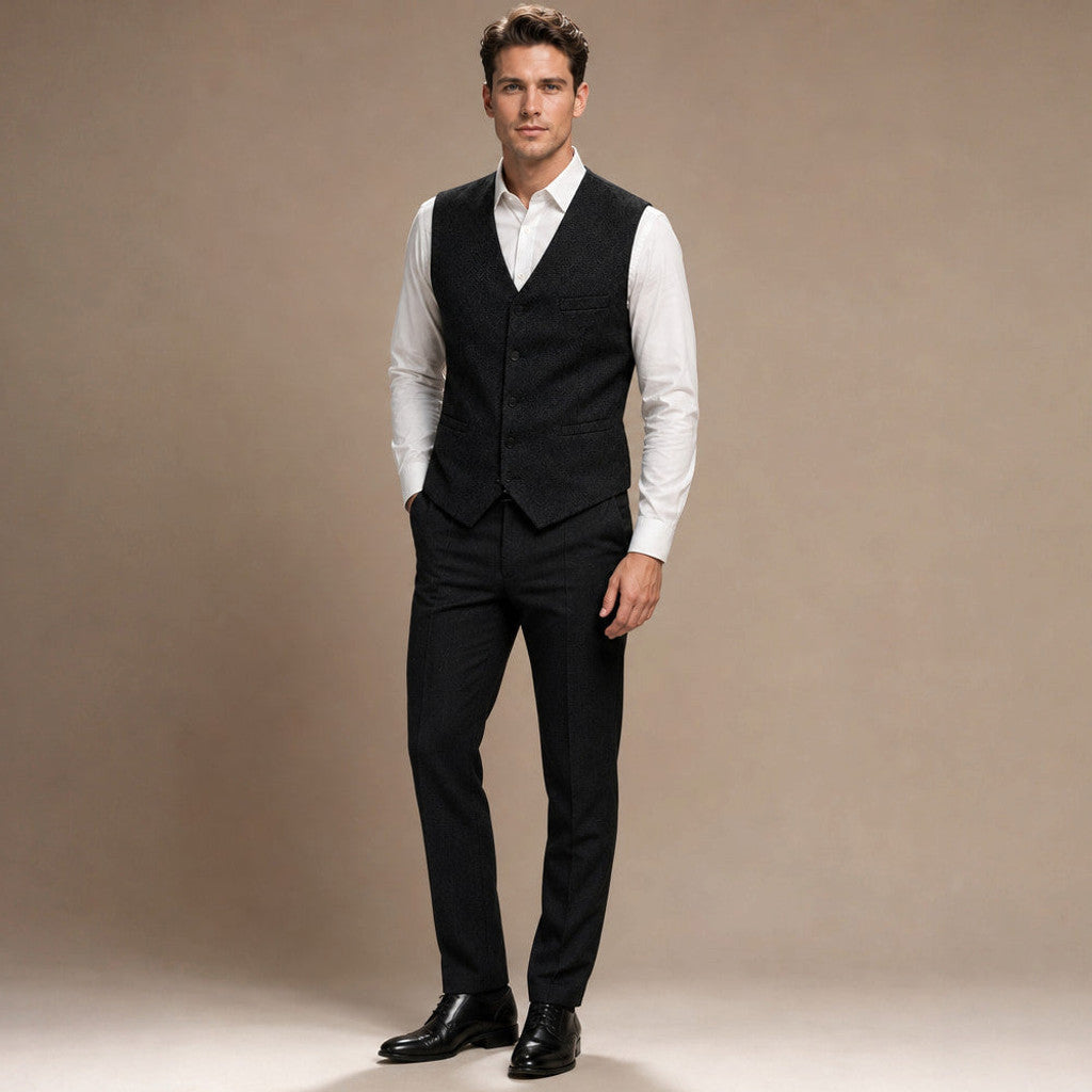 Canron | Herringbone Waistcoat Single Breasted in Black – Premium Editorial