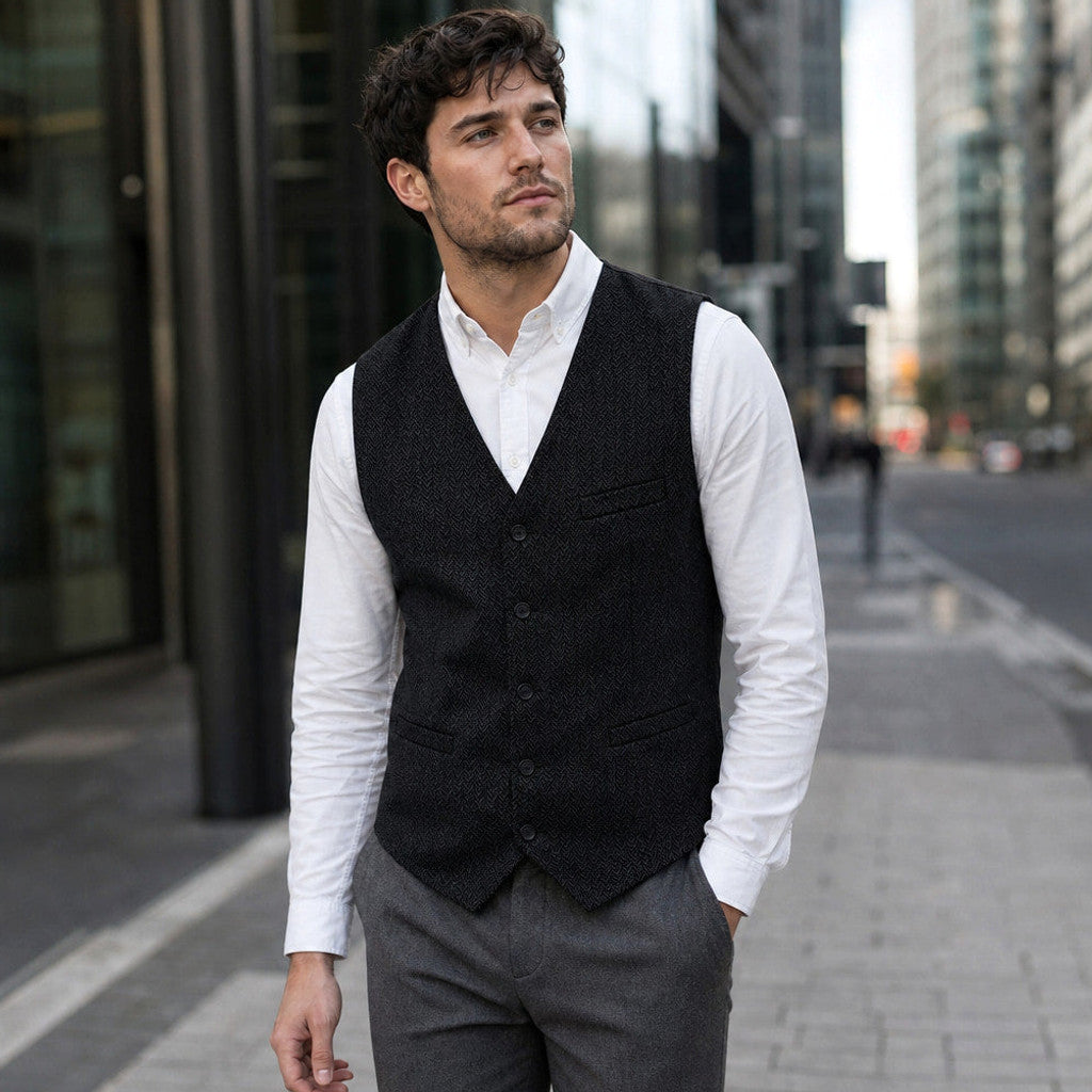 Canron | Herringbone Waistcoat Single Breasted Black – Styled Editorial Shot