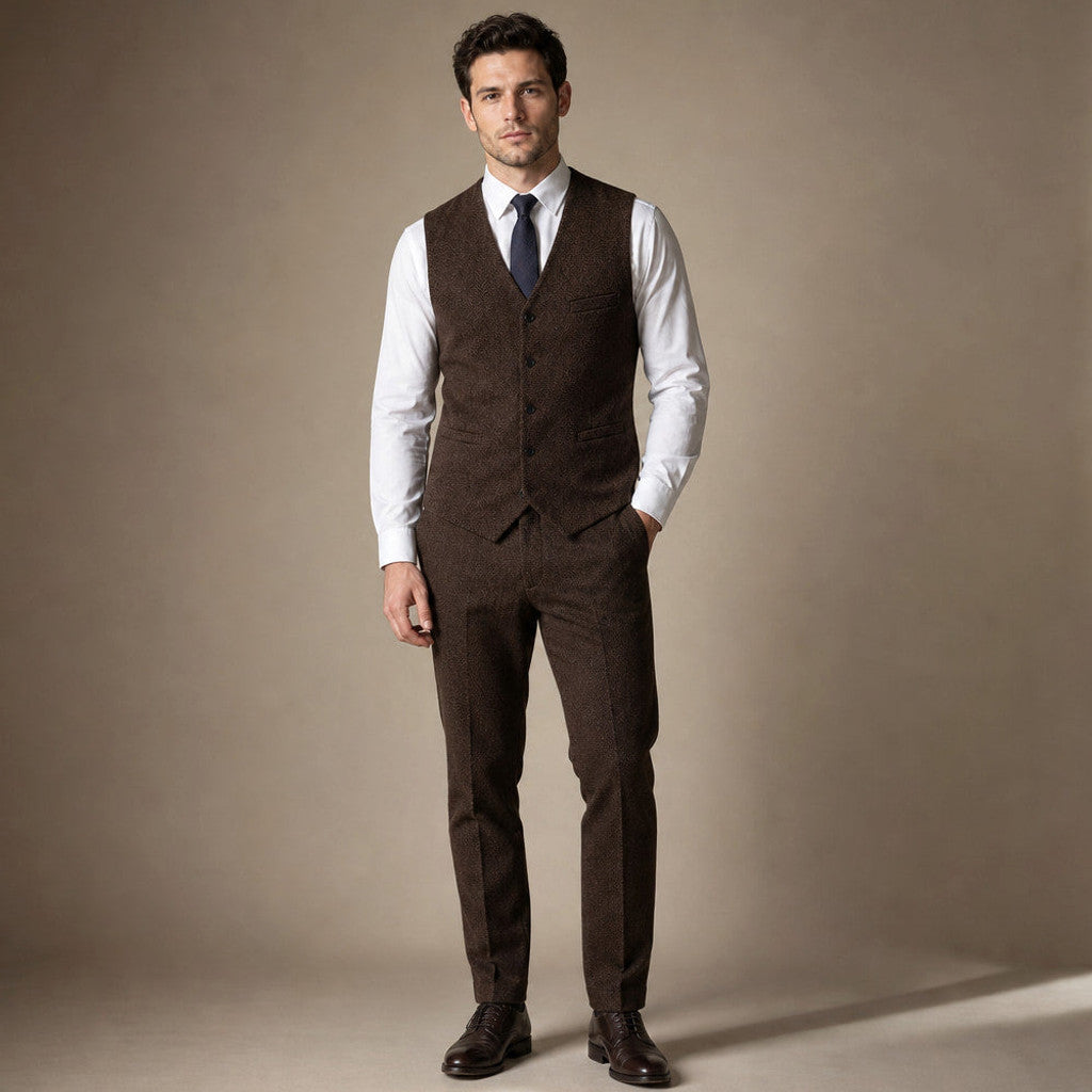 Canron | Herringbone Waistcoat Single Breasted in Brown – Premium Editorial
