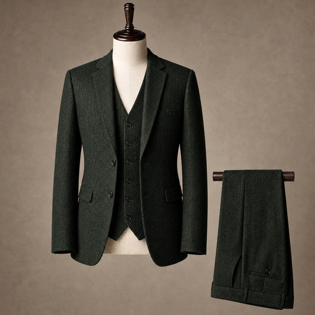 Canron | Herringbone Waistcoat Single Breasted Dark Green – Product Photo