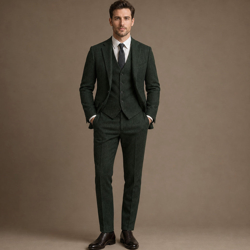 Canron | Herringbone Waistcoat Single Breasted in Dark Green – Premium Editorial