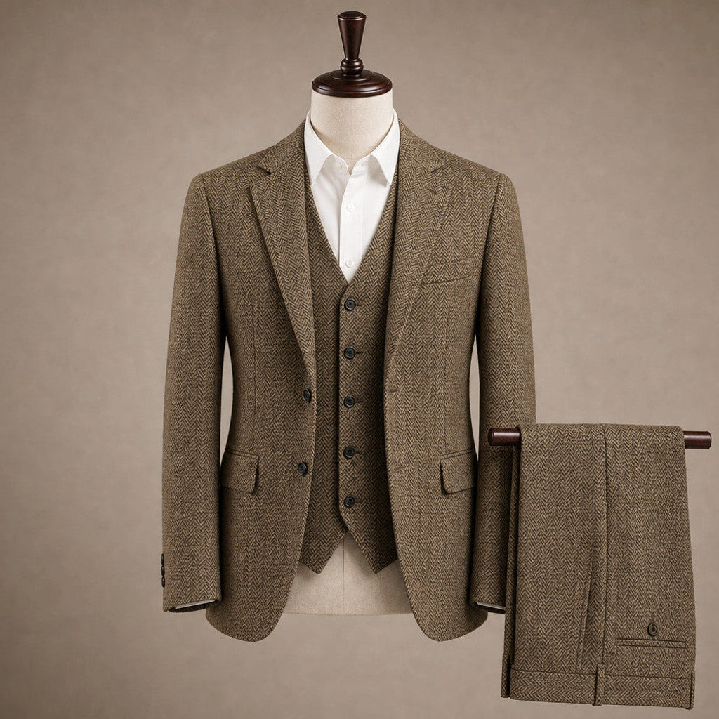 Canron | Herringbone Waistcoat Single Breasted Khaki – Product Photo