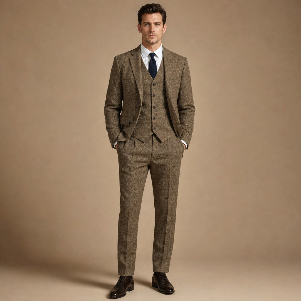 Canron | Herringbone Waistcoat Single Breasted in Khaki – Premium Editorial