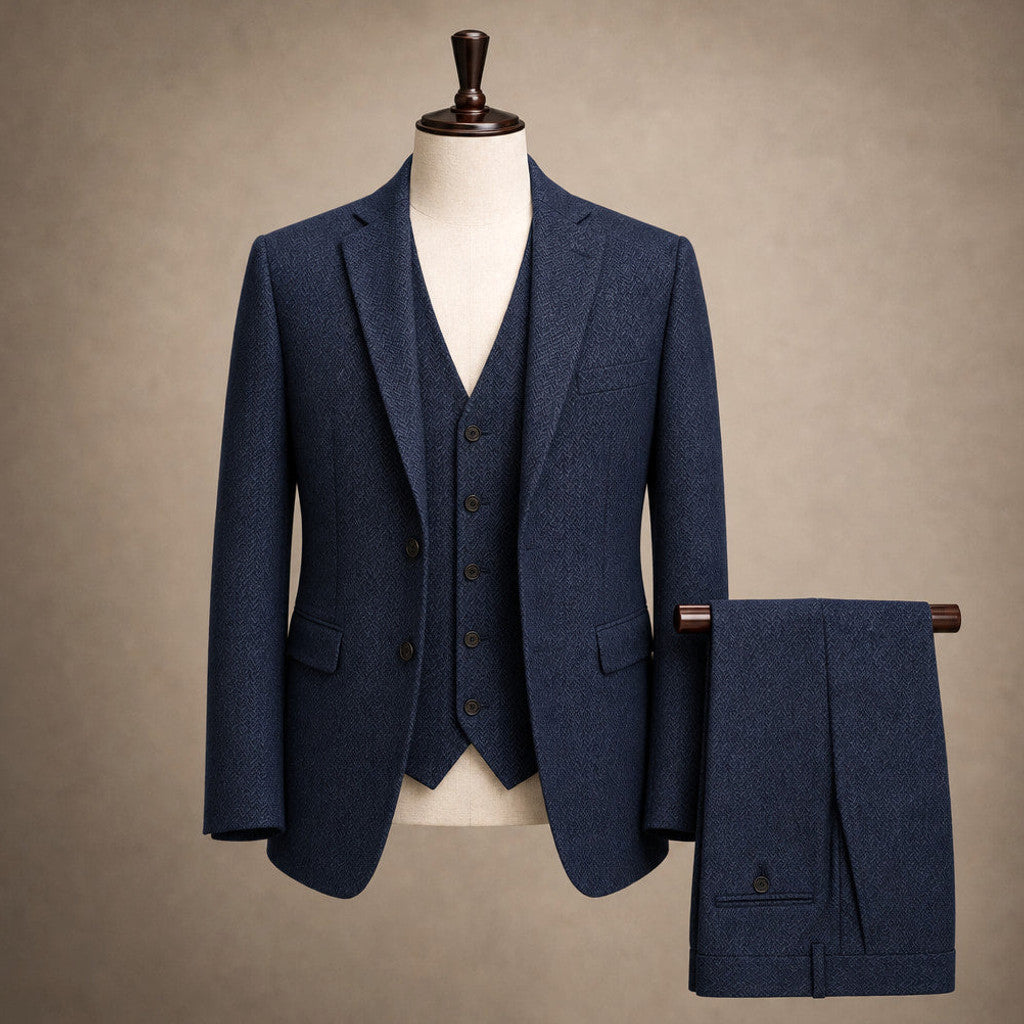 Canron | Herringbone Waistcoat Single Breasted Navy – Product Photo