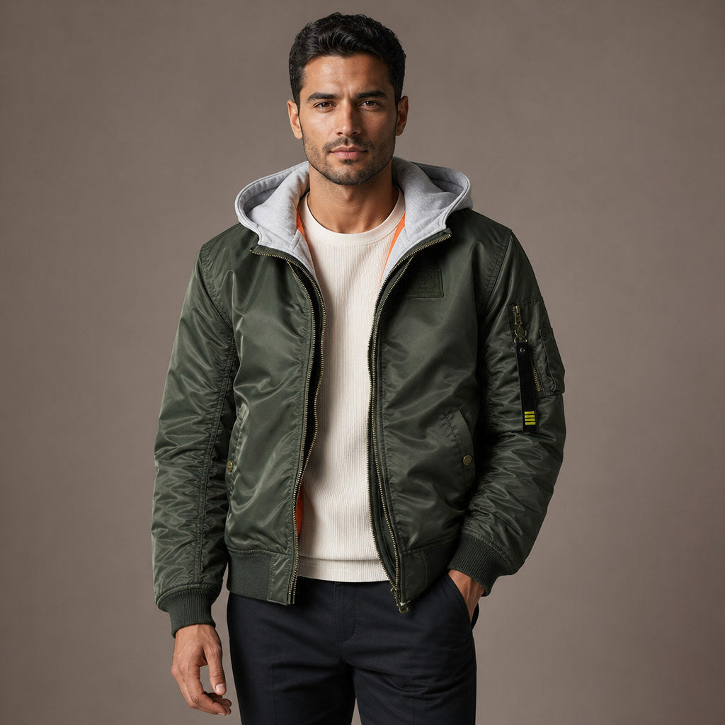 Hooded Bomber Jacket Multi-Pocket Military Style in Military Green – Tomosino Premium Menswear
