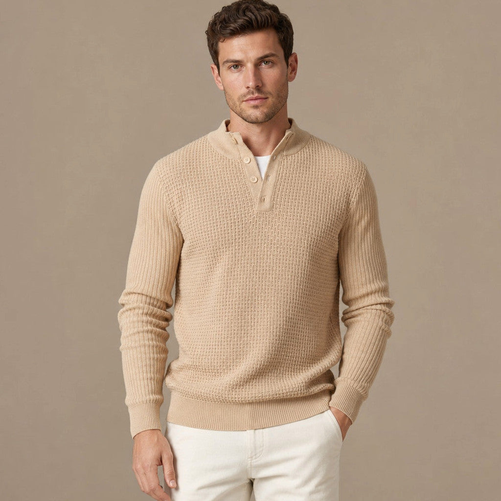 Capron | Henley Jumper Mock Neck Waffle Knit in Apricot – Premium Editorial