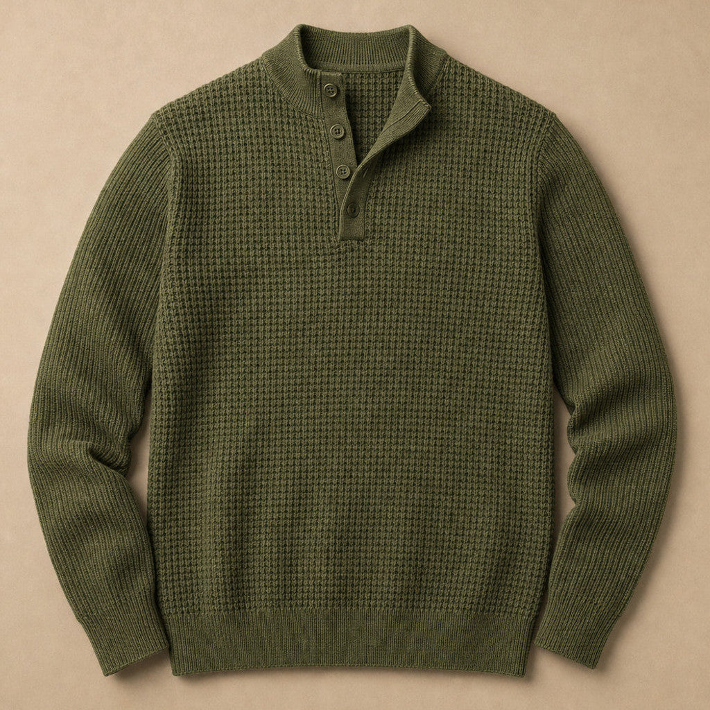 Capron | Henley Jumper Mock Neck Waffle Knit Army Green – Product Photo
