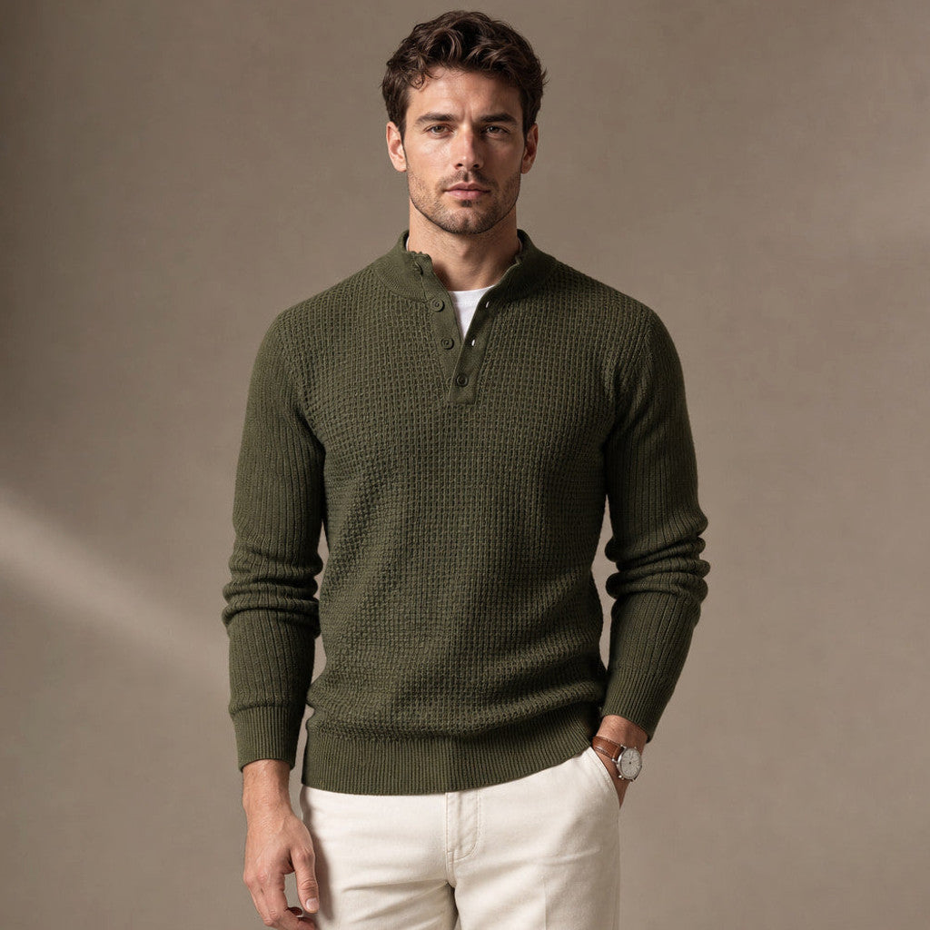 Capron | Henley Jumper Mock Neck Waffle Knit in Army Green – Premium Editorial