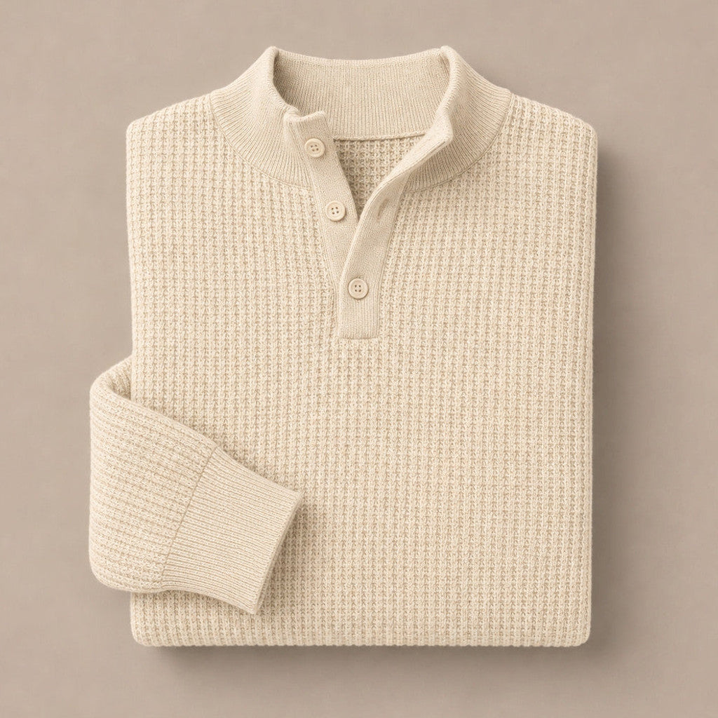 Capron | Henley Jumper Mock Neck Waffle Knit Beige – Product Photo