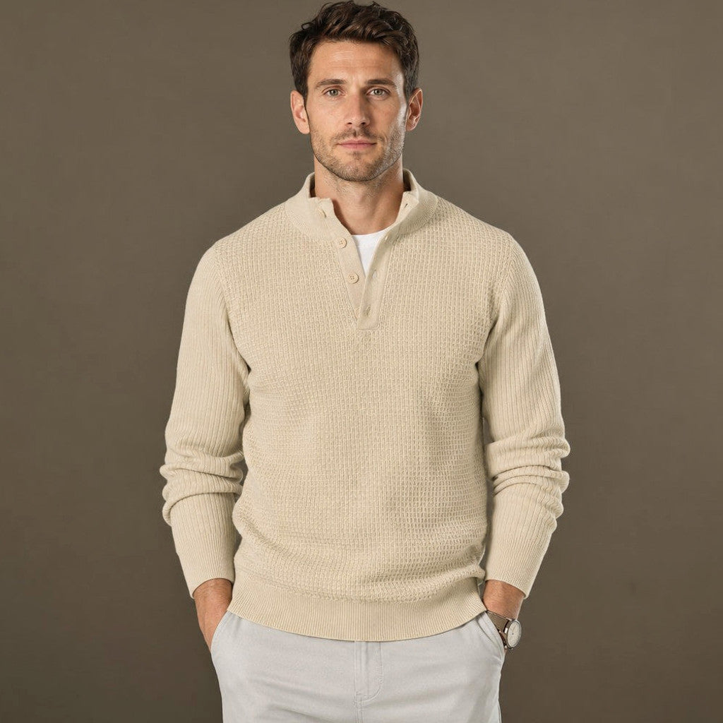 Capron | Henley Jumper Mock Neck Waffle Knit in Beige – Premium Editorial