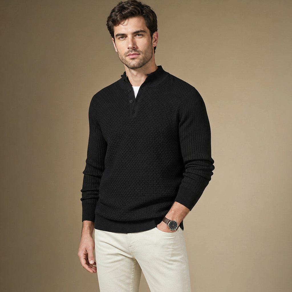 Capron | Henley Jumper Mock Neck Waffle Knit Black – Side Angle View