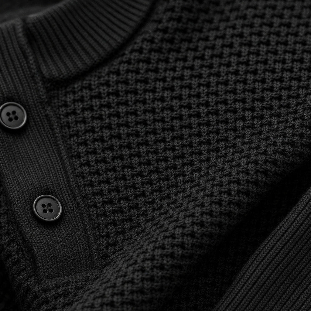 Capron | Henley Jumper Mock Neck Waffle Knit Black – Fabric and Detail Close-Up