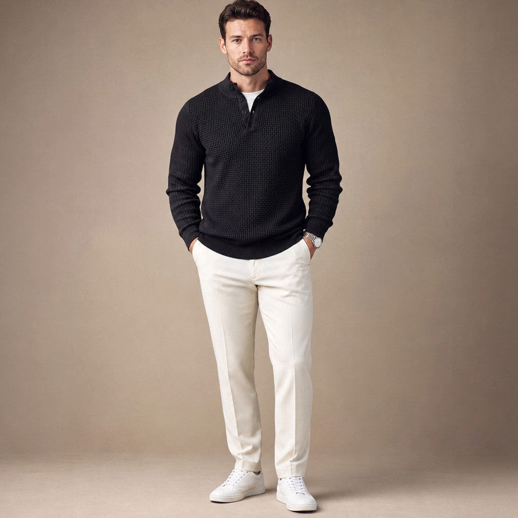 Capron | Henley Jumper Mock Neck Waffle Knit Black – Full Look