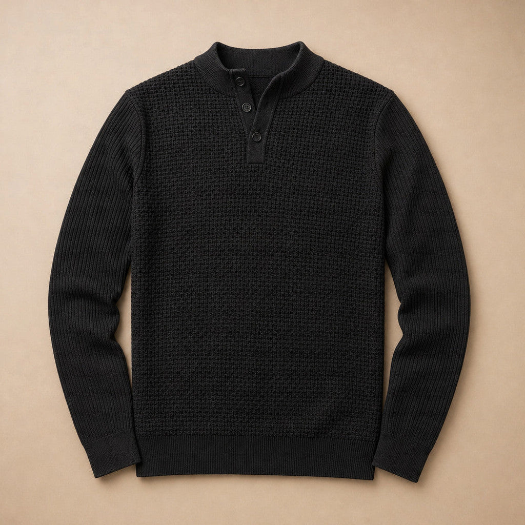 Capron | Henley Jumper Mock Neck Waffle Knit Black – Product Photo