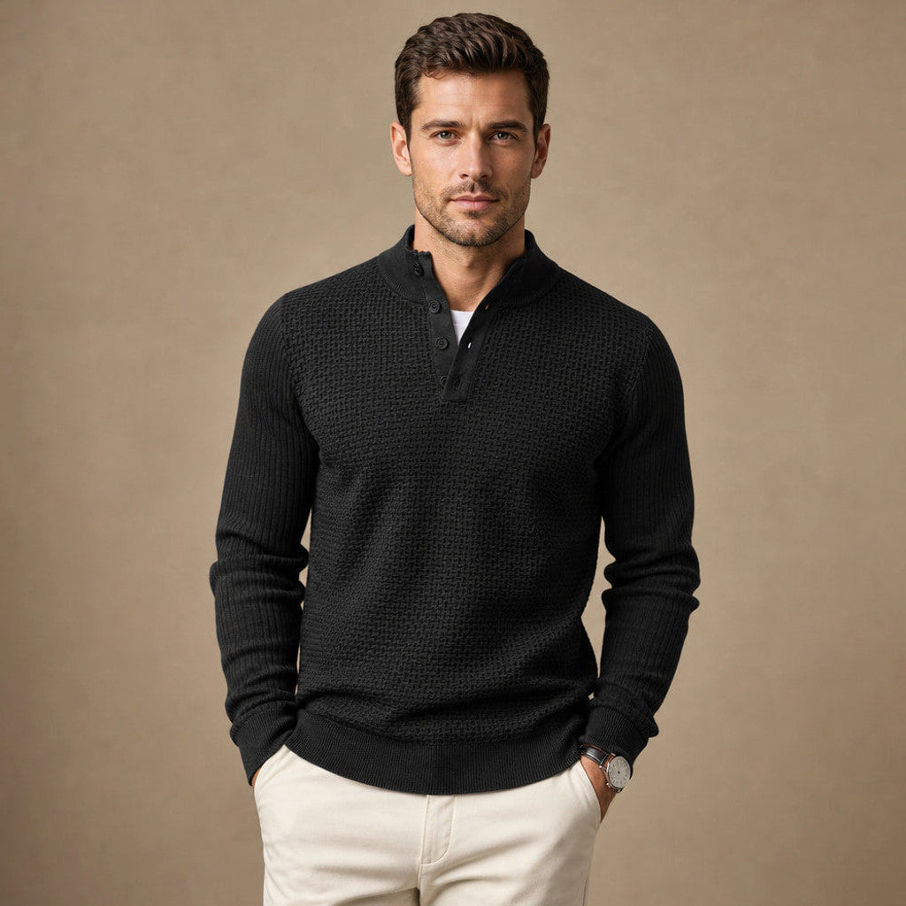 Capron | Henley Jumper Mock Neck Waffle Knit in Black – Premium Editorial