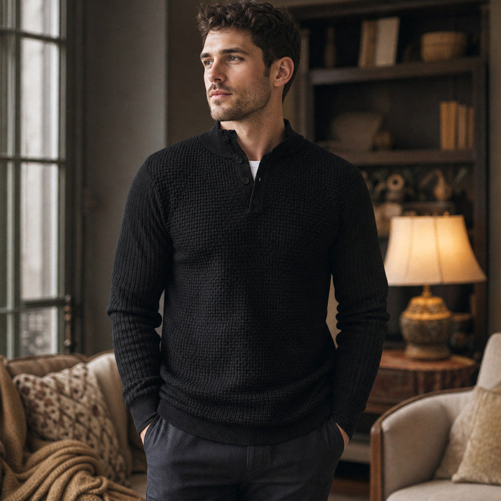 Capron | Henley Jumper Mock Neck Waffle Knit Black – Styled Editorial Shot