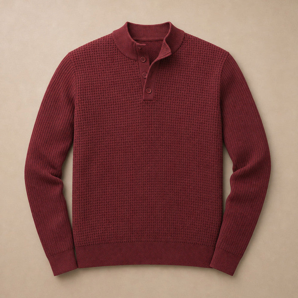 Capron | Henley Jumper Mock Neck Waffle Knit Burgundy – Product Photo