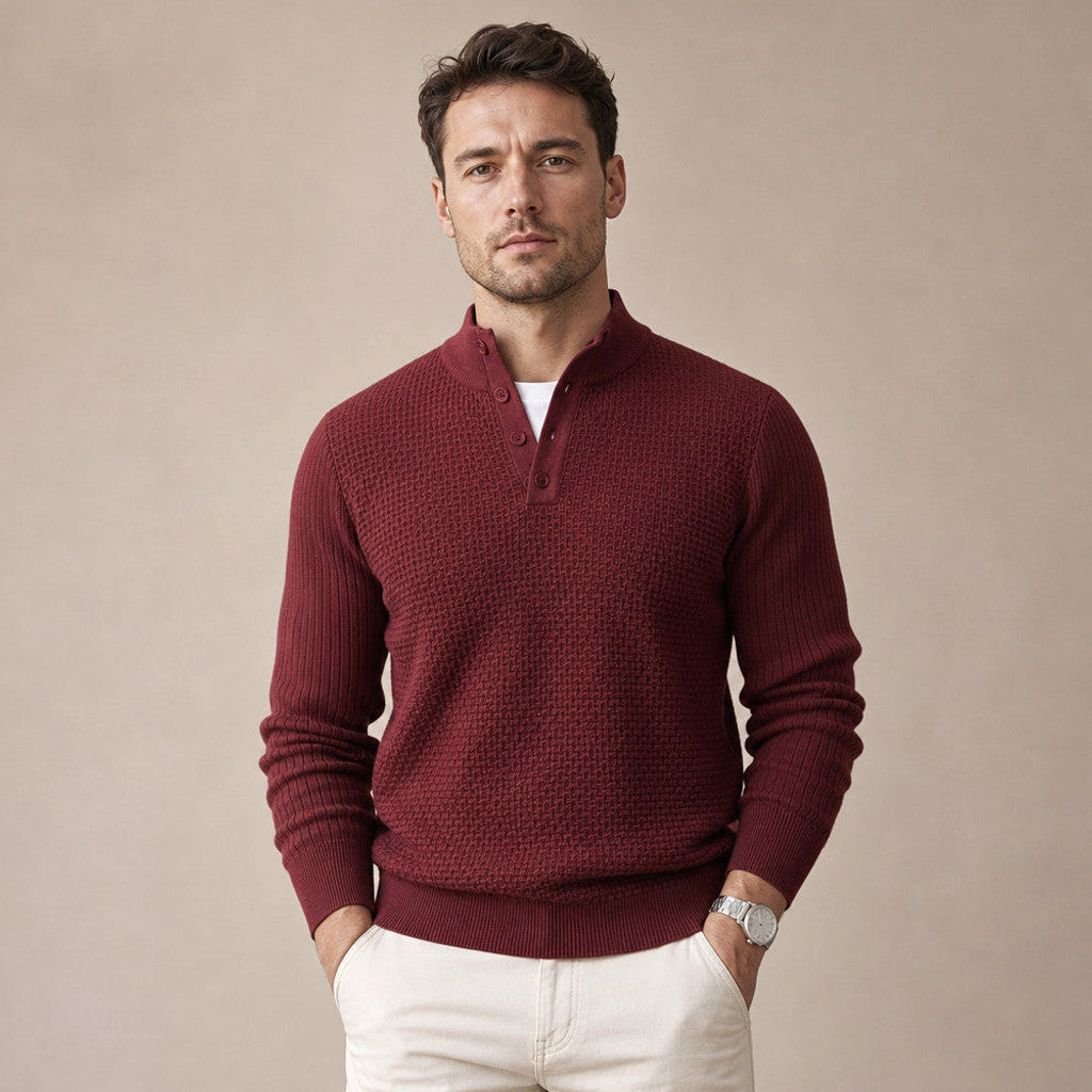 Capron | Henley Jumper Mock Neck Waffle Knit in Burgundy – Premium Editorial