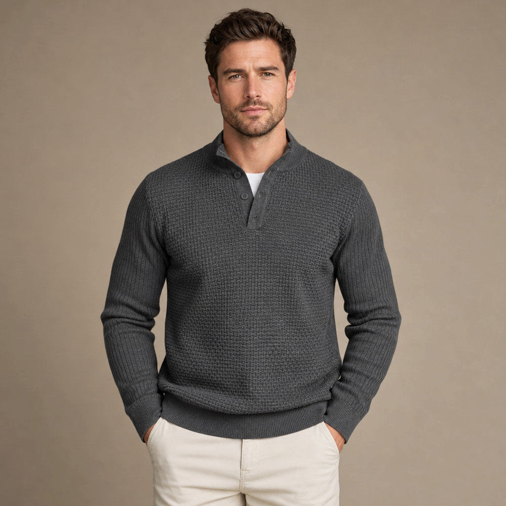 Capron | Henley Jumper Mock Neck Waffle Knit in Dark Gray – Premium Editorial