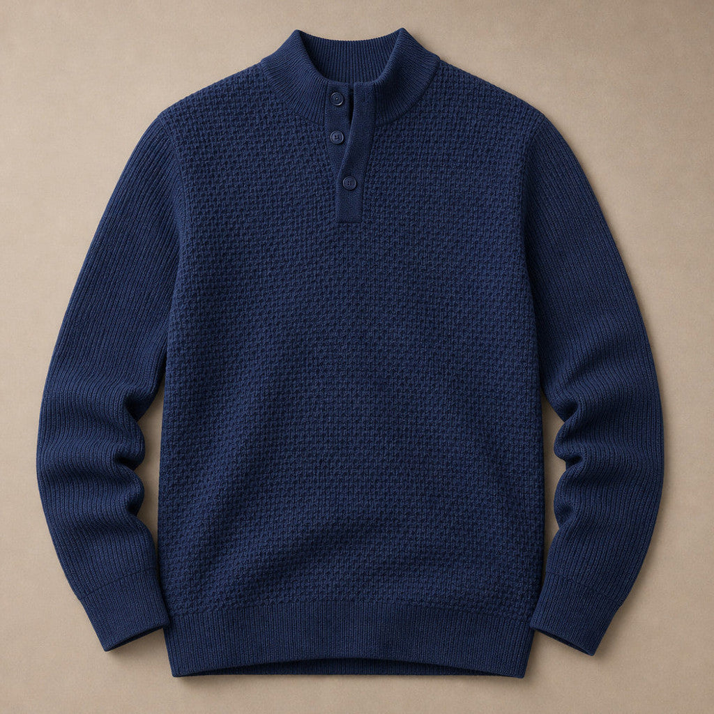 Capron | Henley Jumper Mock Neck Waffle Knit Navy – Product Photo