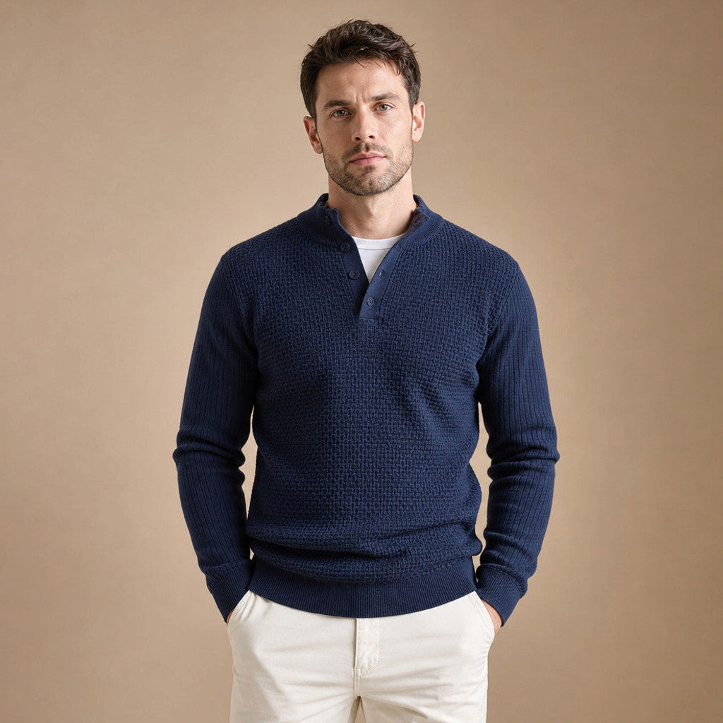 Capron | Henley Jumper Mock Neck Waffle Knit in Navy – Premium Editorial