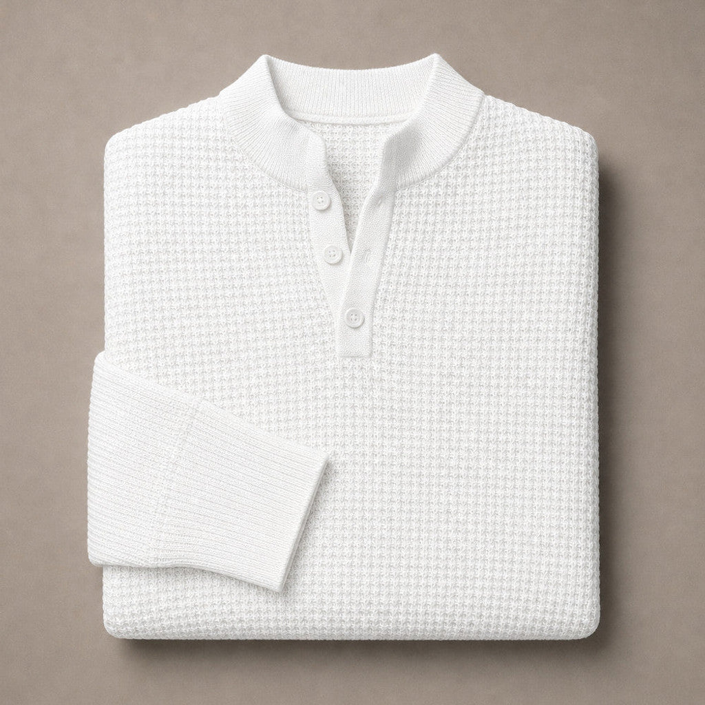 Capron | Henley Jumper Mock Neck Waffle Knit White – Product Photo