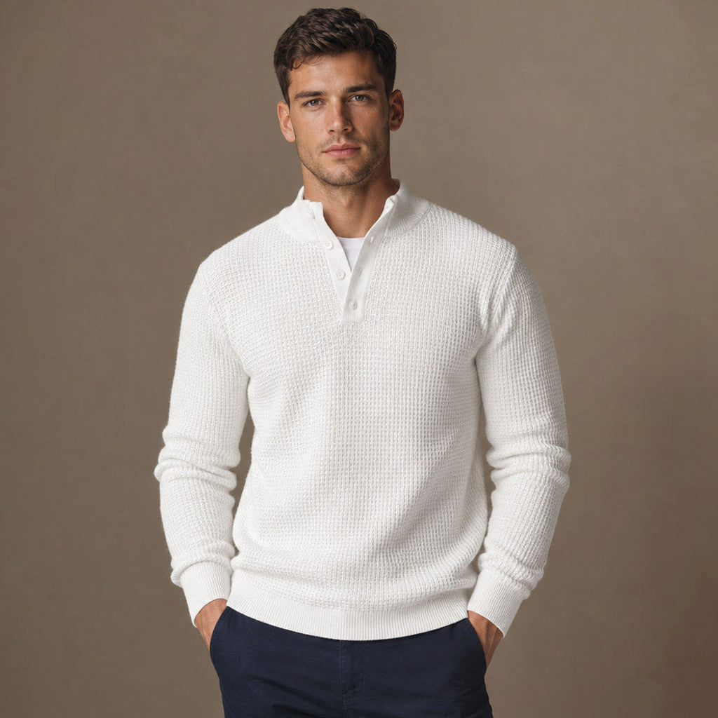 Capron | Henley Jumper Mock Neck Waffle Knit in White – Premium Editorial