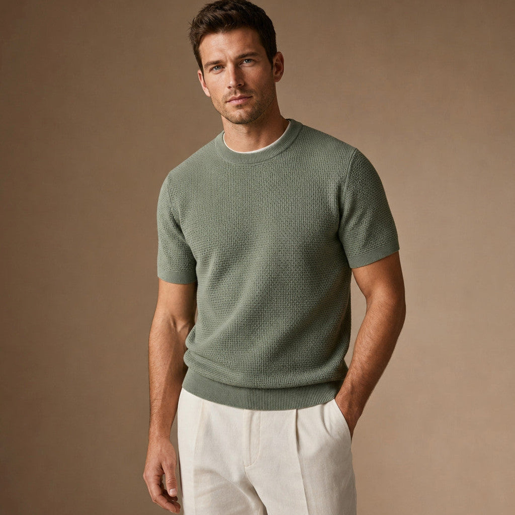 Captor | Waffle Knit T-Shirt Crew Neck Green – Side Angle View