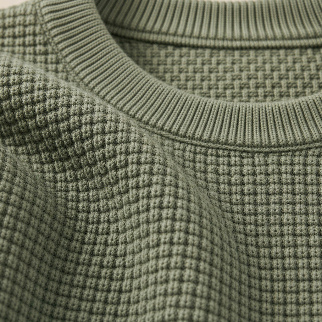 Captor | Waffle Knit T-Shirt Crew Neck Green – Fabric and Detail Close-Up