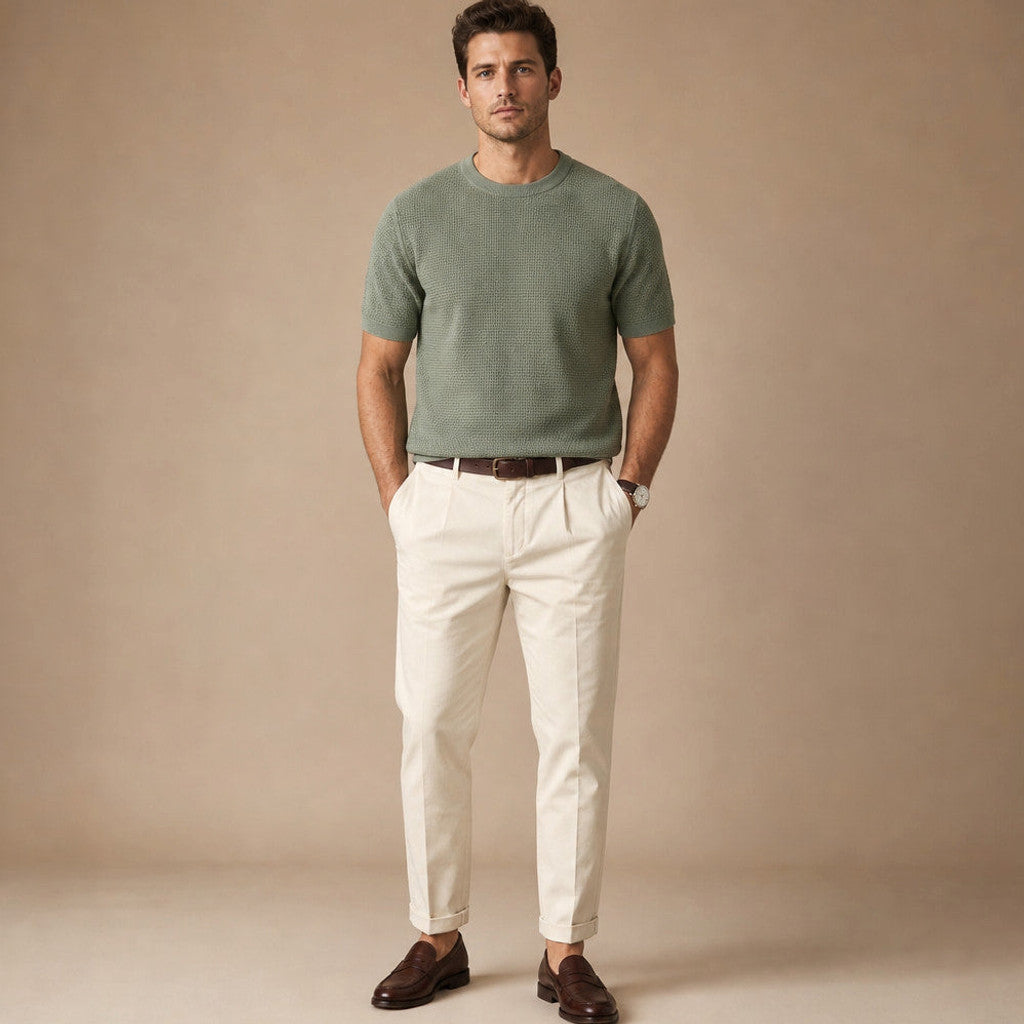 Captor | Waffle Knit T-Shirt Crew Neck Green – Full Look