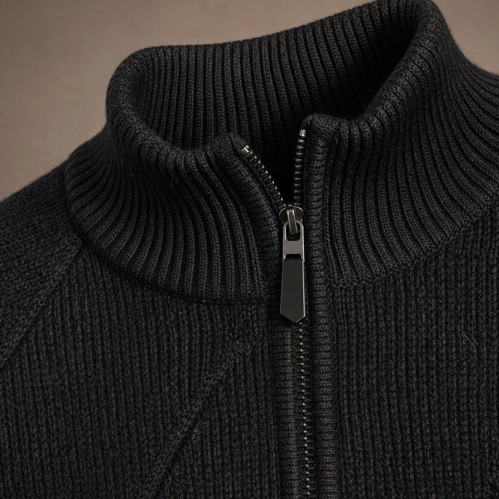 Cardex | Quarter Zip Sweater Cotton Knit Black – Fabric and Detail Close-Up