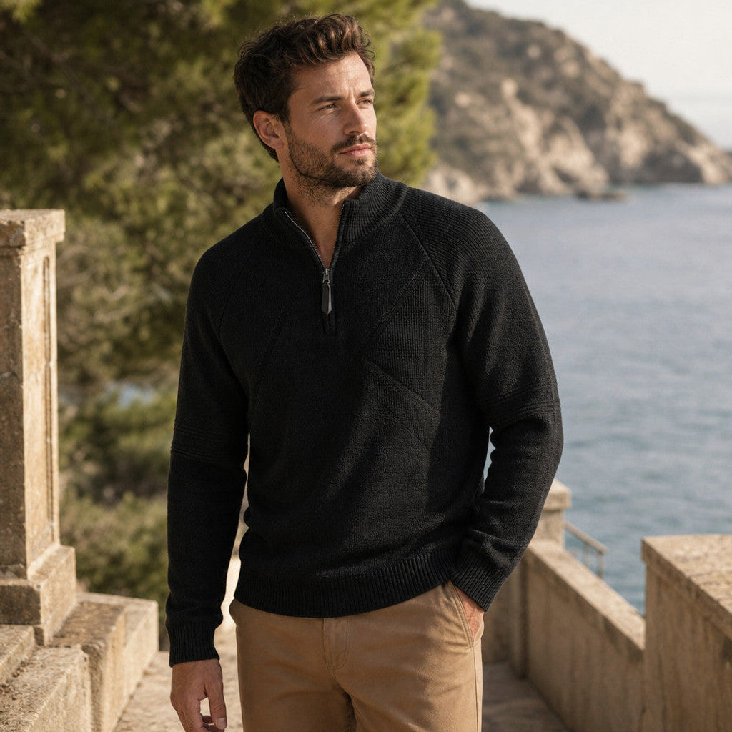 Cardex | Quarter Zip Sweater Cotton Knit Black – Styled Editorial Shot
