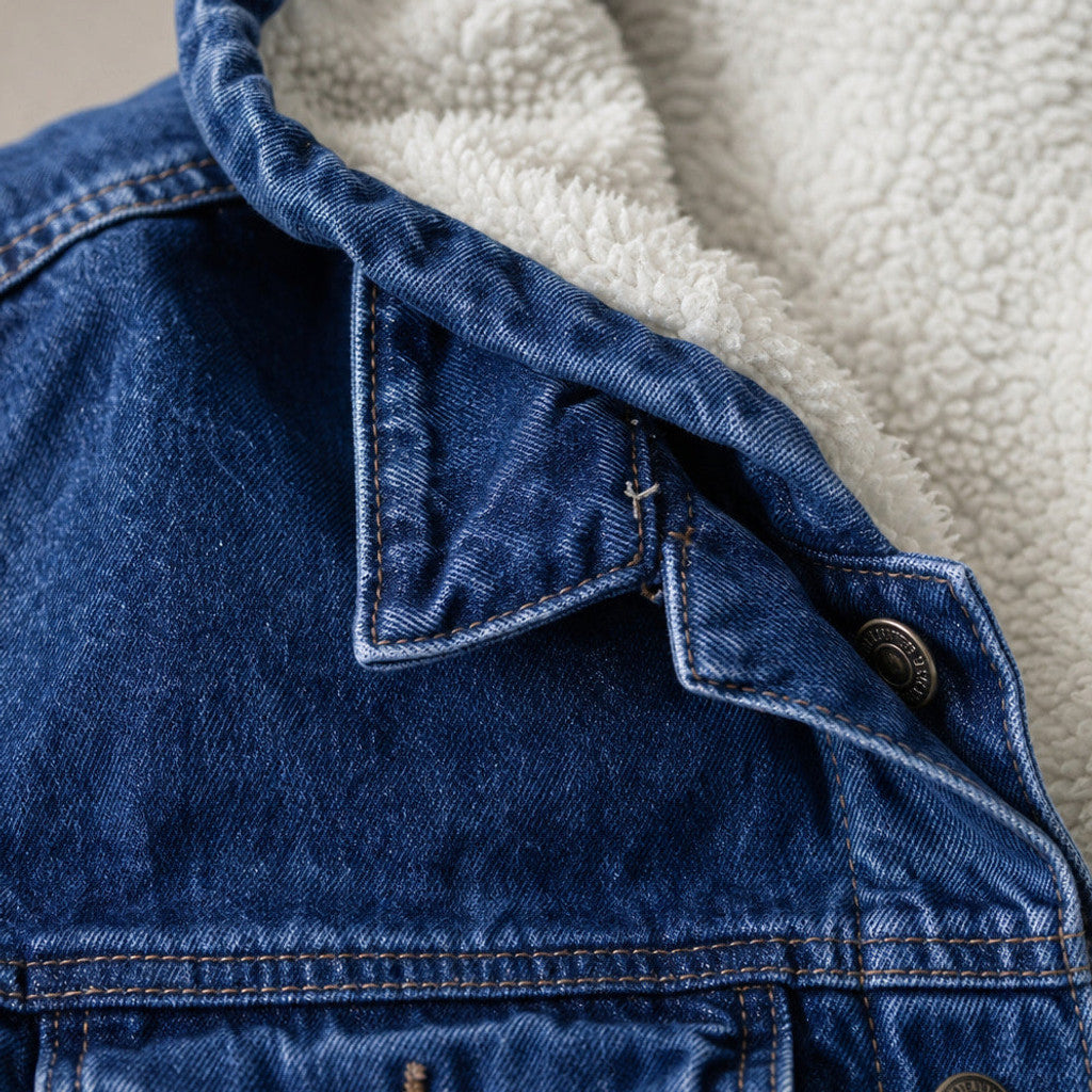 Carex | Selvedge Denim Jacket Sherpa Lined Blue – Fabric and Detail Close-Up