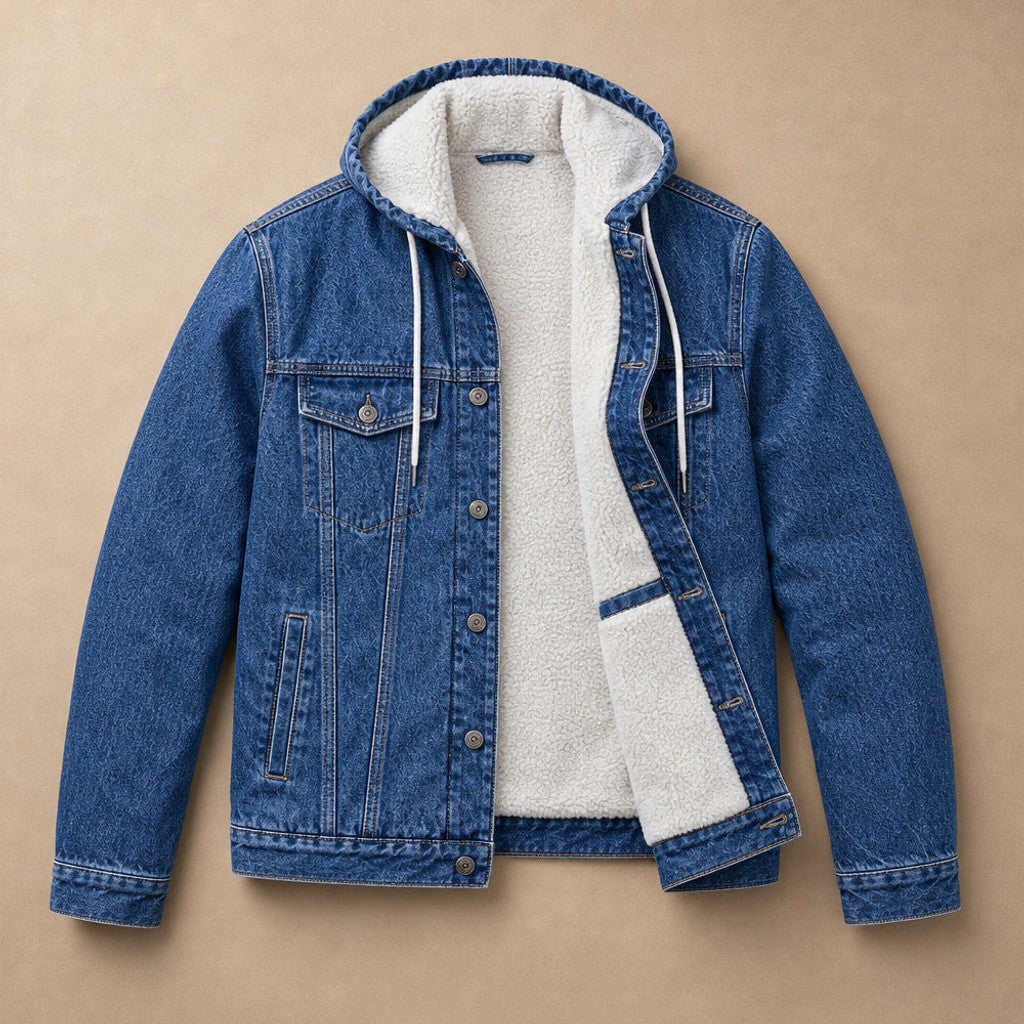 Carex | Selvedge Denim Jacket Sherpa Lined Blue – Flat Lay Product Photo