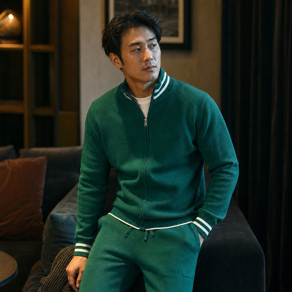 Carlex | Knit Tracksuit Stand Collar Emerald Emerald – Styled Editorial Shot