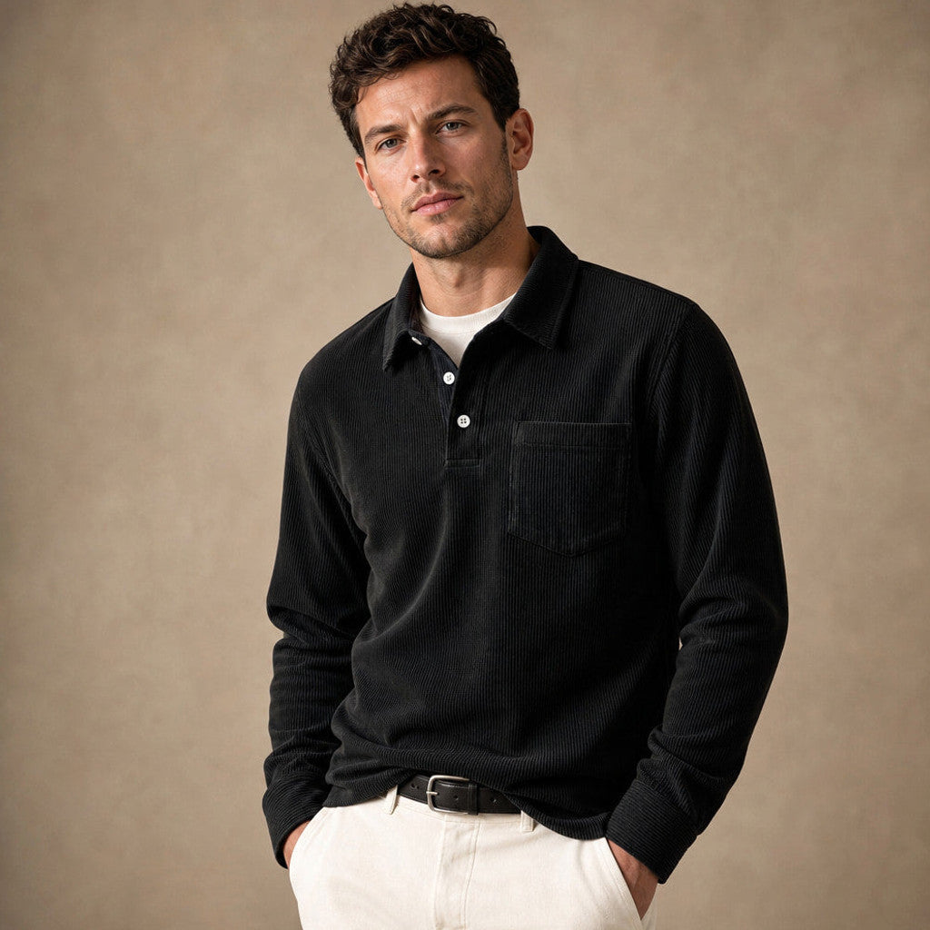 Carlon | Polo Shirt Corduroy Long Sleeve Black – Product Photo
