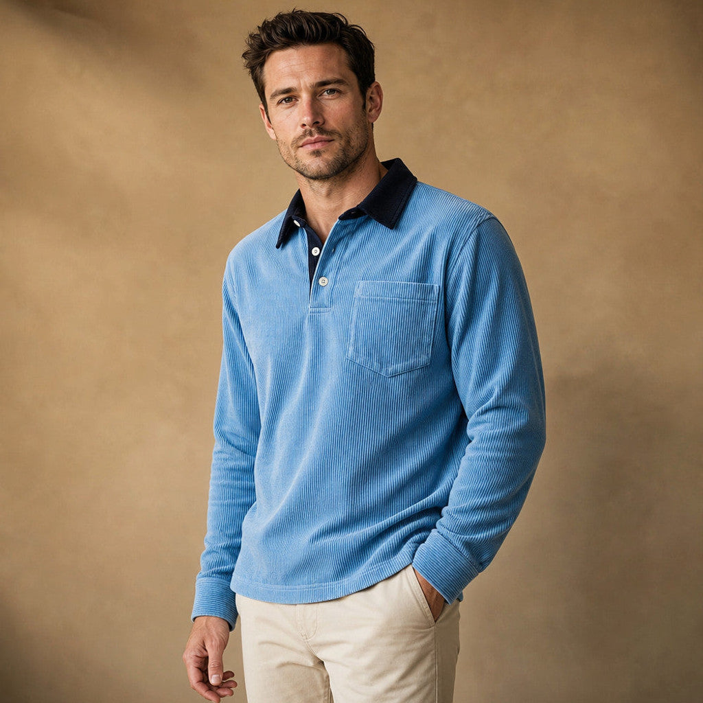 Carlon | Polo Shirt Corduroy Long Sleeve Blue – Side Angle View