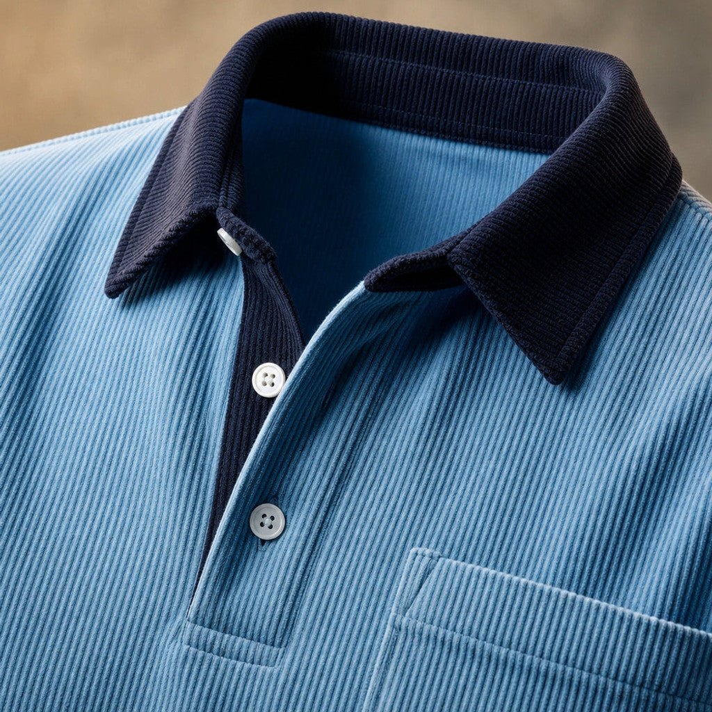 Carlon | Polo Shirt Corduroy Long Sleeve Blue – Fabric and Detail Close-Up