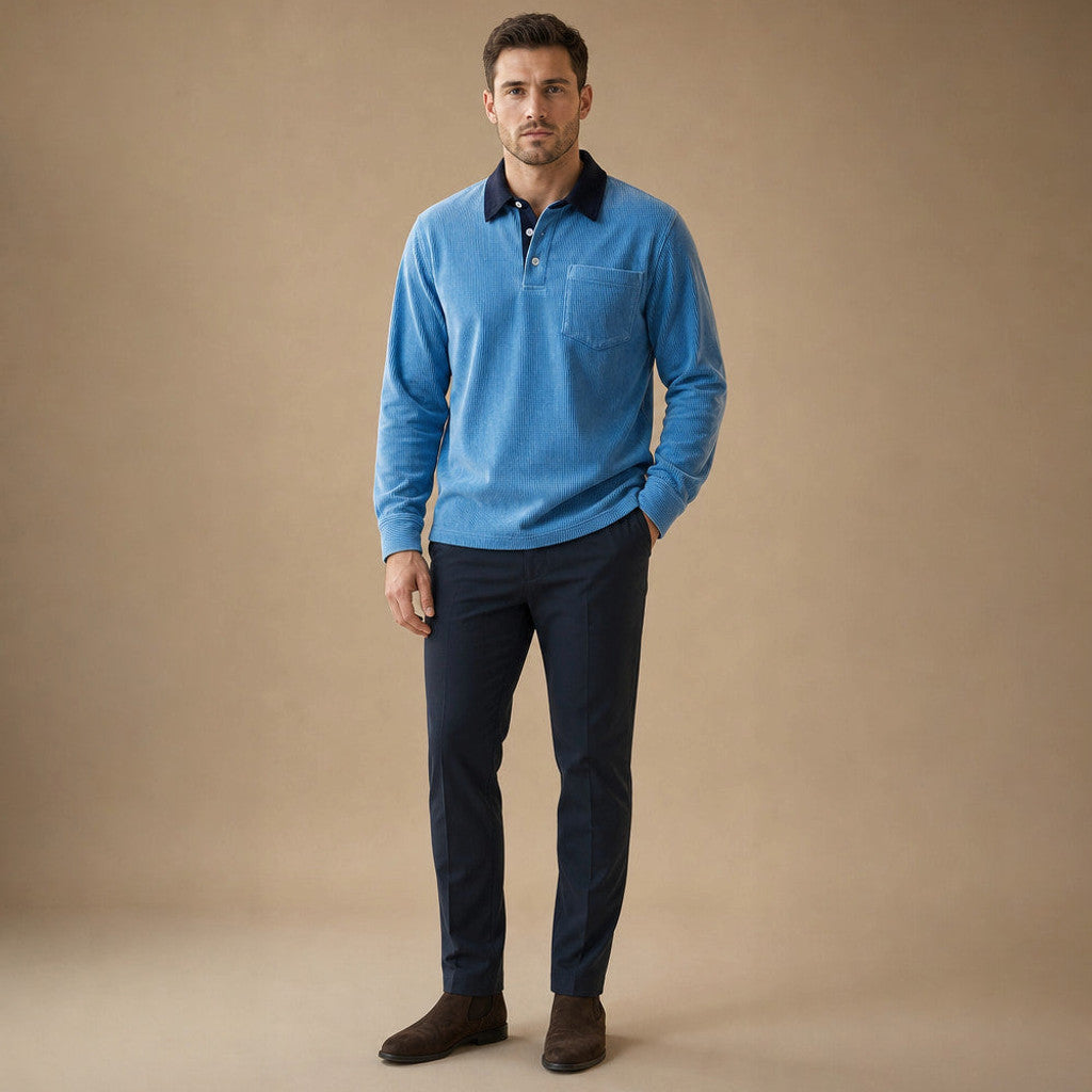 Carlon | Polo Shirt Corduroy Long Sleeve Blue – Full Look