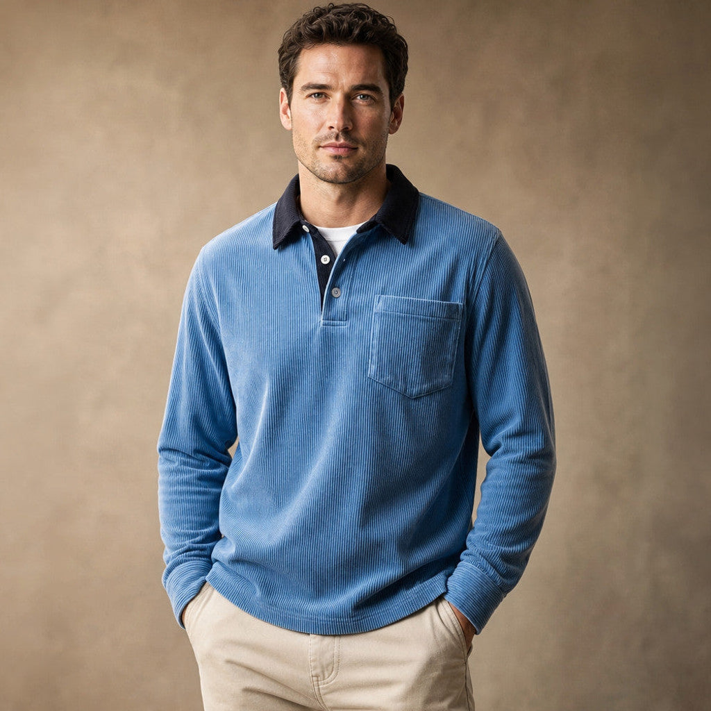 Carlon | Polo Shirt Corduroy Long Sleeve Blue – Product Photo