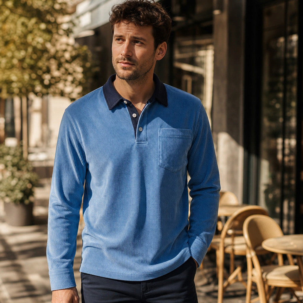 Carlon | Polo Shirt Corduroy Long Sleeve Blue – Styled Editorial Shot