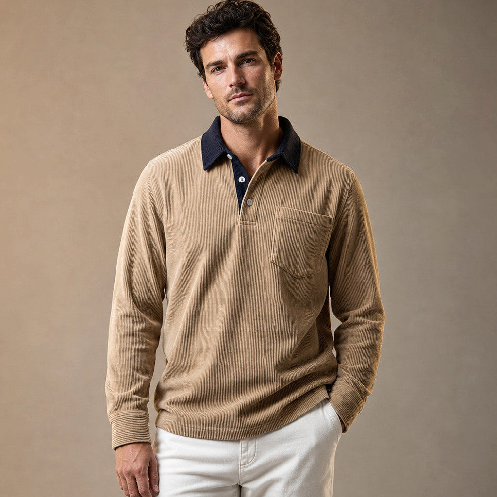 Carlon | Polo Shirt Corduroy Long Sleeve Khaki – Product Photo